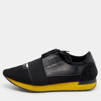 Pre Owned Balenciaga Black Leather and Mesh Race Runner Sneakers Size 44
