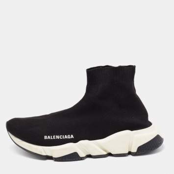 Pre Owned Balenciaga Black Knit Fabric Speed Trainer High Top Sneakers Size 40