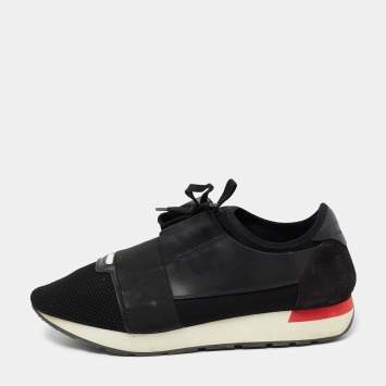 Pre Owned Balenciaga Black Fabric And Leather Race Runner Low Top Sneakers Size 44
