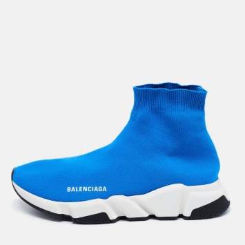 Pre Owned Balenciaga Blue Knit Fabric Speed Trainer High Top Sneakers Size 41