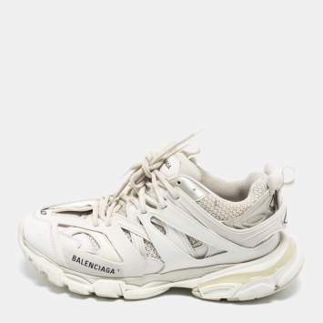 مملوكة مسبقًا Balenciaga White Mesh And Synthetic Leather Track 2 Lace Up Sneakers Size 42
