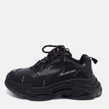 مملوكة مسبقًا Balenciaga Black Logo Print Leather Triple S Sneakers Size 42