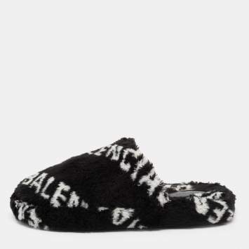 Pre Owned Balenciaga Black/White Logo Faux Fur Flat Mules Size 42