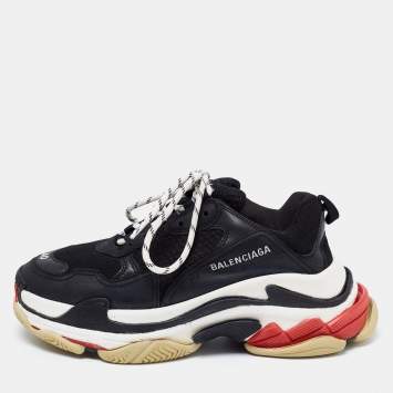 Pre Owned Balenciaga Black Mesh And Leather Triple S Platform Sneakers Size 40