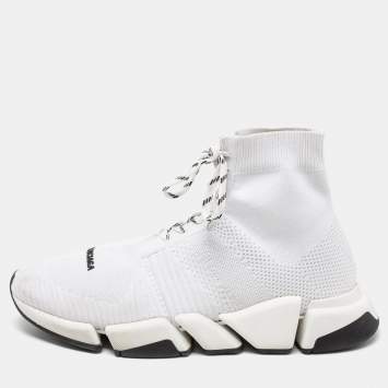 Pre Owned Balenciaga White Knit Fabric Speed Sneakers Size 45