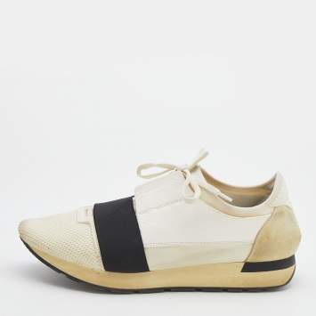 Pre Owned Balenciaga White/Black Mesh And Leather Race Runner Low Top Sneakers Size 44