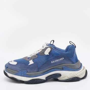 مملوكة مسبقًا Balenciaga Blue/White Mesh And Leather Triple S Low Top Sneakers Size 43