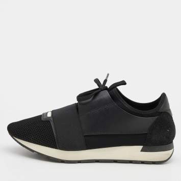 Pre Owned Balenciaga Black Mesh and Leather Race Runner Sneakers Size 42
