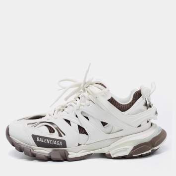 Pre Owned Balenciaga White/Brown Leather  and Fabric Track Sneakers Size 40 