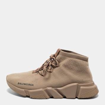 Pre Owned Balenciaga Beige Knit Fabric Speed Lace Up Sneakers Size 41