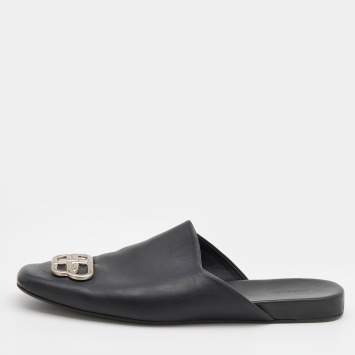 Pre Owned Balenciaga Black Leather Cosy BB Flat Mules Size 43