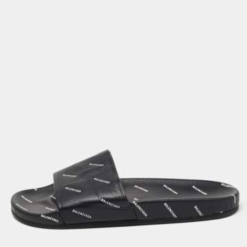 Pre Owned Balenciaga Black Logo Print Leather Slides Size 45