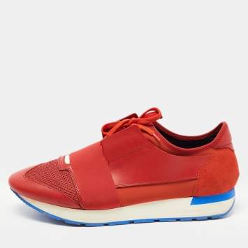 Pre Owned Balenciaga Red Fabric and Leather Race Runner Low Top Sneakers Size 45