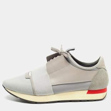 Pre Owned  Balenciaga Grey Knit Fabric and Leather Race Runner Sneakers Size 42