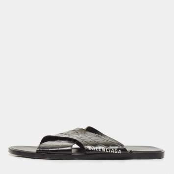 Pre Owned Balenciaga Black Croc Embossed Leather Cosy Slides Size 46