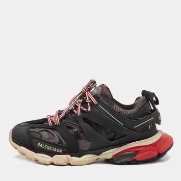 Pre Owned Balenciaga Black/Grey Leather and Mesh Track Sneakers Size 42