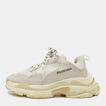 Pre Owned Balenciaga White/Grey Leather and Mesh Triple S Sneakers Size 44