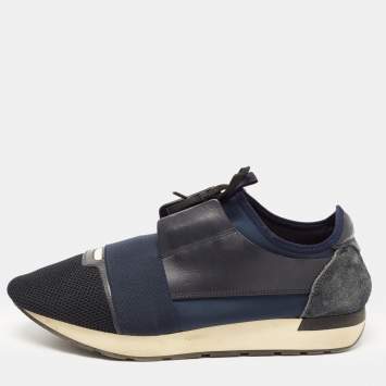 Pre Owned Balenciaga Blue Leather and Mesh Race Runner Low Top Sneakers Size 43