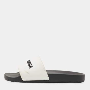 Pre Owned Balenciaga White Rubber Logo Slides Size 44