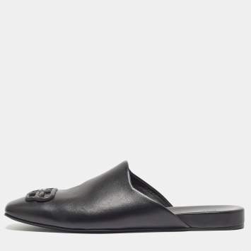 Pre Owned Balenciaga Black Leather Cosy BB Flat Mules Size 43 
