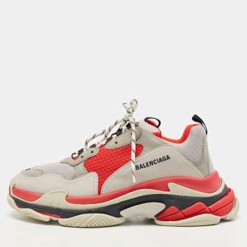 Pre Owned Balenciaga Red/Grey Mesh and Nubuck Triple S Low Top Sneakers Size 45