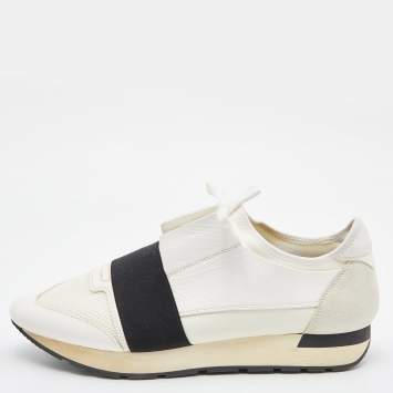 Pre Owned Balenciaga White Mesh,Suede and Leather Race Runner Sneakers Size 43