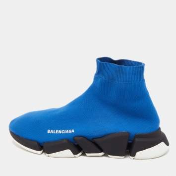Pre Owned Balenciaga Blue Knit Fabric Speed Trainer High Top Sneakers Size 43