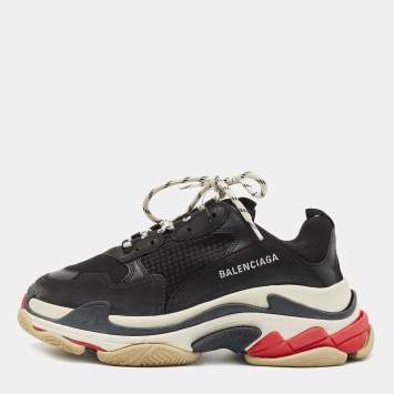Pre Owned Balenciaga Black Mesh and Leather Triple S Lace Up Sneakers Size 42