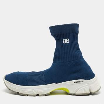 Pre Owned Balenciaga Blue Knit Fabric Speed Trainer Sneakers Size 43