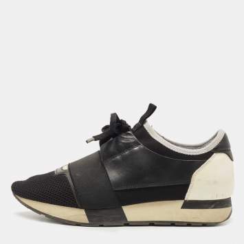 Pre Owned Balenciaga Black/White Leather,Mesh and Patent Race Runner Sneakers Size 39