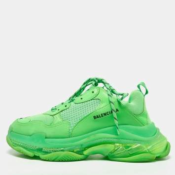 Pre Owned Balenciaga Green Mesh and Leather Triple S Clear Sneakers Size 44