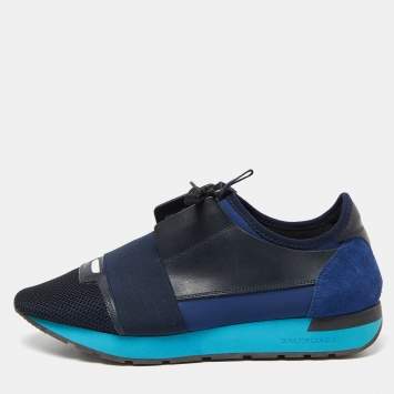 Pre Owned Balenciaga Blue/Black Leather,Suede and Mesh Race Runner Low Top Sneakers Size 41