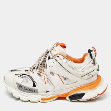 Pre Owned Balenciaga White/Orange Leather and Mesh Track Sneakers Size 40