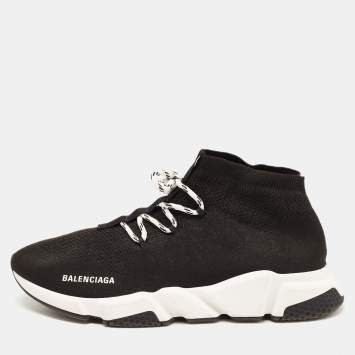 Pre Owned Balenciaga Black Knit Fabric Speed Lace Up Sneakers Size 45