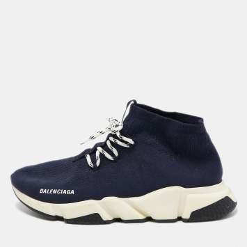 Pre Owned Balenciaga Navy Blue Knit Fabric Speed Trainer Sneakers Size 45