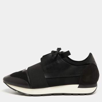 Pre Owned Balenciaga Black Leather and Fabric Race Runner Sneakers Size 42