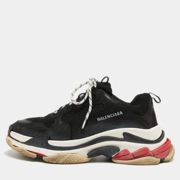 Pre Owned Balenciaga Black Leather and Mesh Triple S Sneakers Size 45