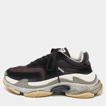 Pre Owned Balenciaga Black/Burgundy Suede and Nylon Triple S Sneakers Size 41