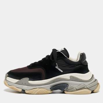 Pre Owned Balenciaga Black/Burgundy Suede and Nylon Triple S Sneakers Size 43