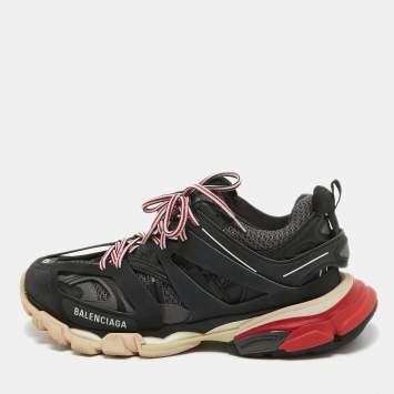 Pre Owned Balenciaga Black/Grey Mesh and Faux Leather Track Sneakers Size 42