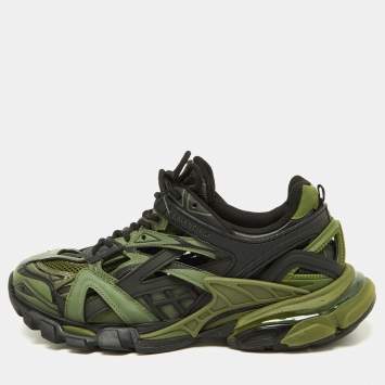 Pre Owned Balenciaga Green Faux Leather and Mesh Track 2 Sneakers Size 42