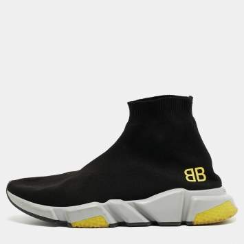 Pre Owned Balenciaga Black Knit Fabric BB Speed Trainer Sneakers Size 43