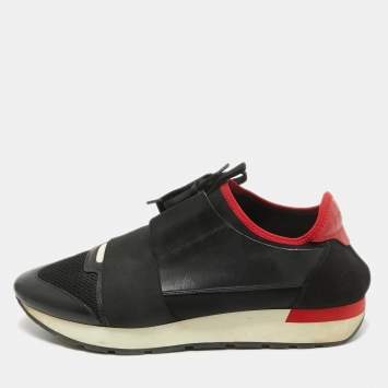Pre Owned Balenciaga Black/Red Leather and Mesh Race Runner Sneakers Size 42