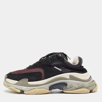 Pre Owned Balenciaga Black/Burgundy Suede Leather And Fabric Triple S Low Top Sneakers Size 44 