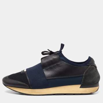 Pre Owned Balenciaga Blue Leather and Mesh Race Runner Sneakers Size 42
