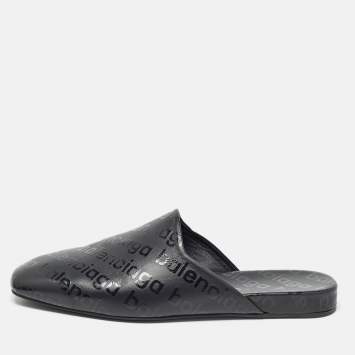 Pre Owned Balenciaga Black Logo Print Leather Slip On Mules Size 40
