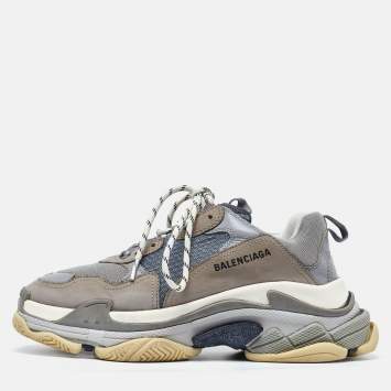 Pre Owned Balenciaga Grey Nubuck Leather and Mesh Triple S Low Top Sneakers Size 42