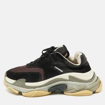 Pre Owned Balenciaga Black/Burgundy Suede and Nylon Triple S Sneakers Size 42