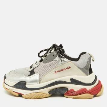 Pre Owned Balenciaga Silver Mesh and Faux Leather Triple S Lace Up Sneakers Size 42