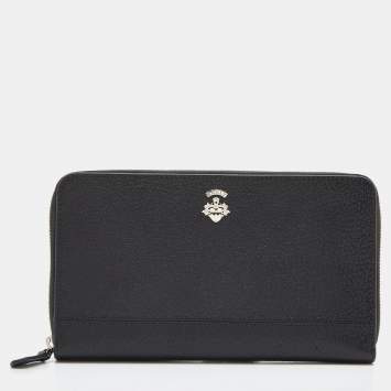Pre Owned Bally Black Leather Zip Around Wallet